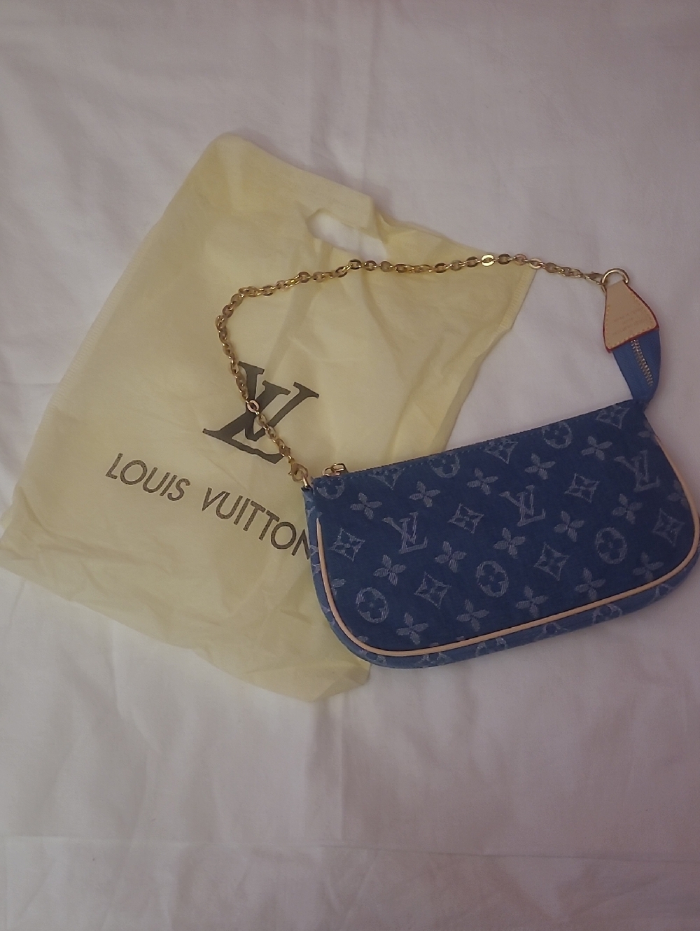 Louis Vuitton Denim Monogram Shoulder Pochette in Blue with Gold Chain